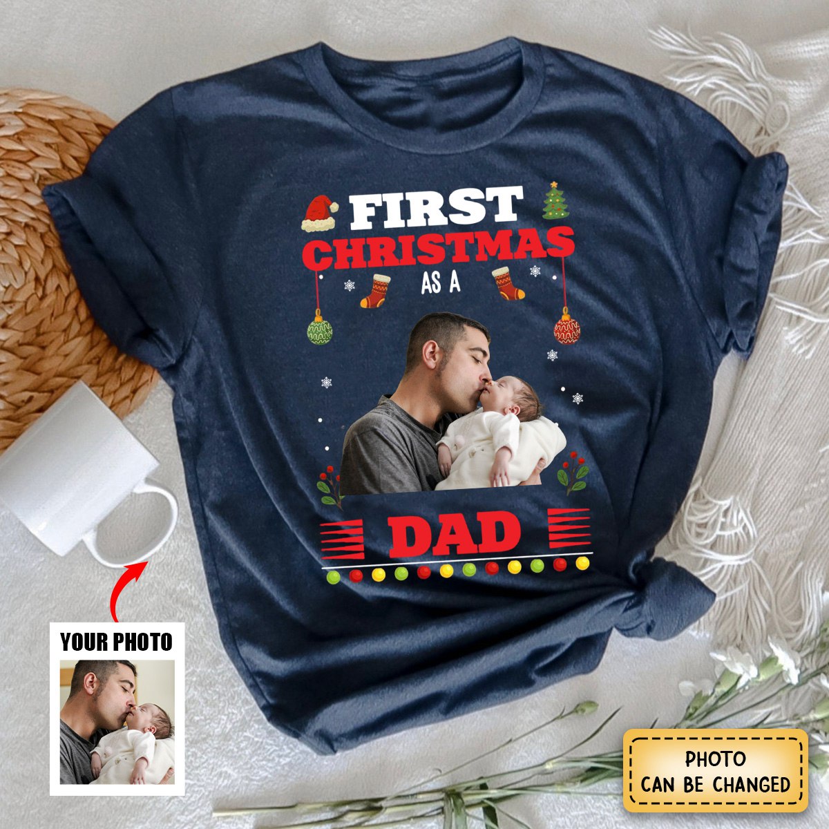 First Christmas As A Dad - Personalized Photo T-Shirt