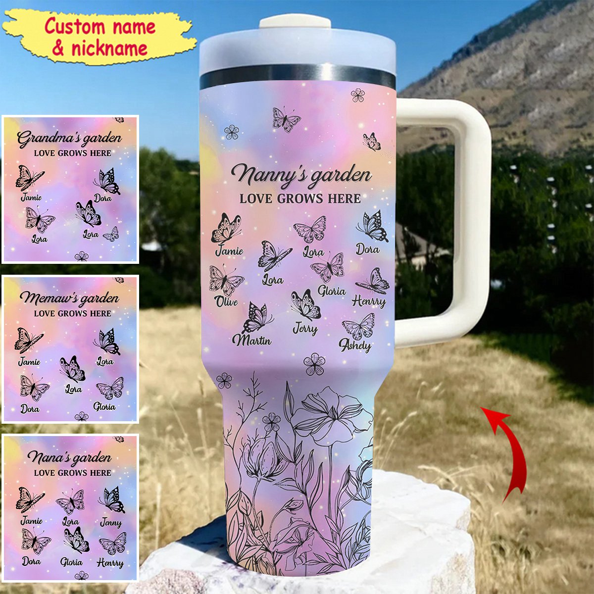 Mom Grandma's Garden Little Butterfly - Personalized 40 Oz Stainless Steel Tumbler With Handle