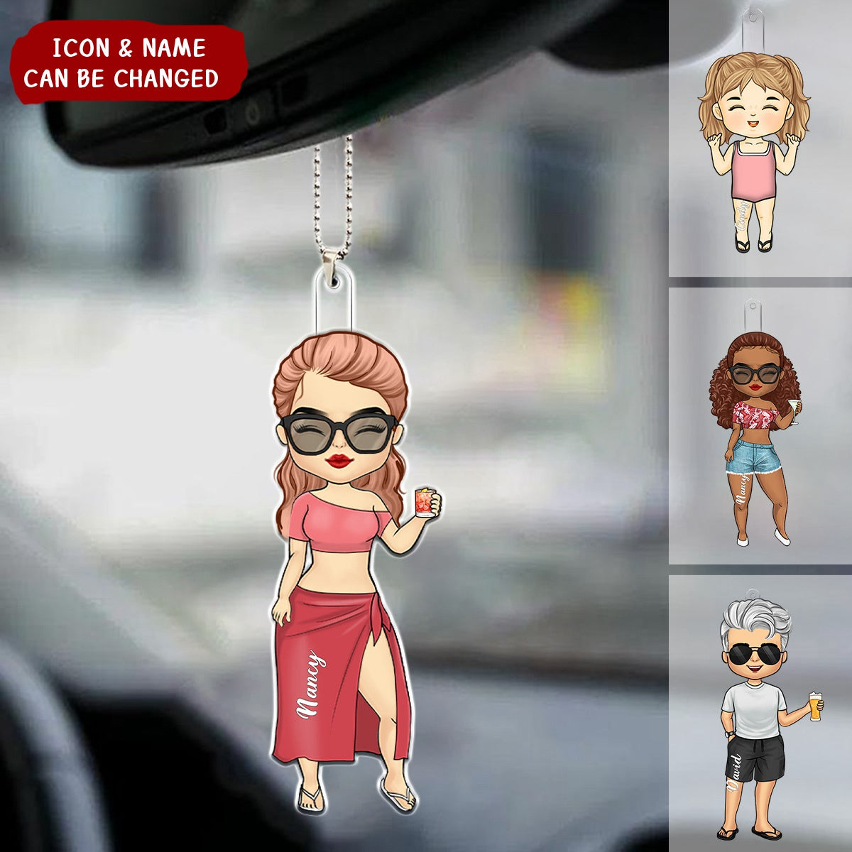 Family Doll Summer Vacation - Personalized Acrylic Car Ornament- Gift For Family