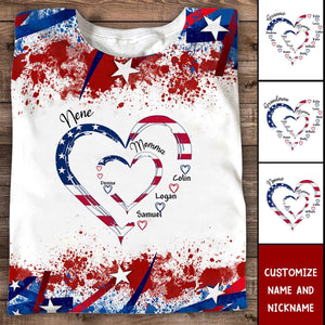 Heart Grandma Mom With Kid Name 4th July Personalized 3D T-shirt